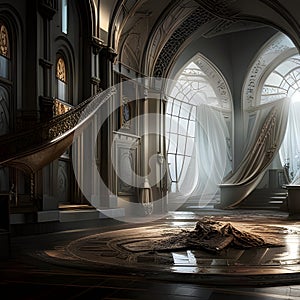 Ornate interior illustration with billowing curtains