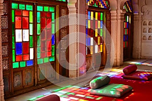 Ornate Interiors and Stained Glass Windows, Meherangarh Fort, Jodhpur, Rajasthan, India