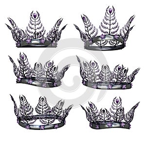 Ornate intricate burnished metal fantasy and purple crown on isolated background
