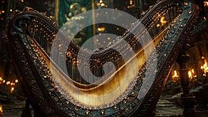 ornate irish clÃ rsach harp with gold filigree in medieval castle photo