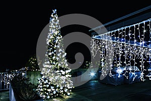 Ornate and lighted Christmas tree in the garden.