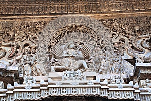 Ornate lintel above the Main, East, entrance, Chennakeshava temple, Belur, Karnataka. An ornate lintel above one of the temple ent