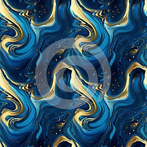 Ornate Liquid Swirls Seamless Pattern, Blue Gold Glittring Texture Background, Luxurious Banner