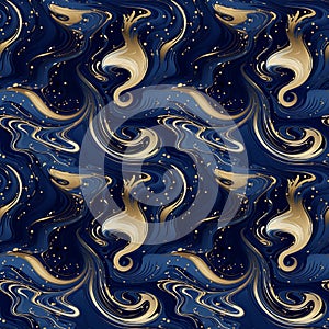 Ornate Liquid Swirls Seamless Pattern, Blue Gold Glittring Texture Background, Luxurious Banner