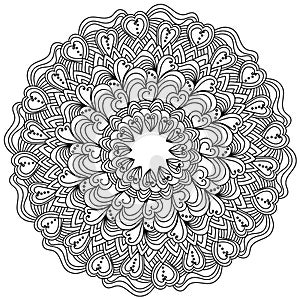 Ornate mandala with hearts for Valentine`s day, Antistress coloring page in round frame shape with tangles