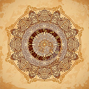 Ornate mandala and zodiac circle with horoscope signs on aged paper background.