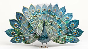 An ornate metal sculpture of a peacock, displaying a fan of elaborately detailed feathers in vibrant shades of blue and green, photo