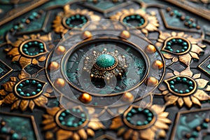 Ornate metal and turquoise design, perfect for concepts of craftsmanship and luxury. Card for an Islamic holiday.