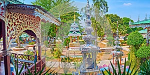 Ornate mondop shrines in garden of Wat Chong Kham Temple, Mae Hong Son, Thailand