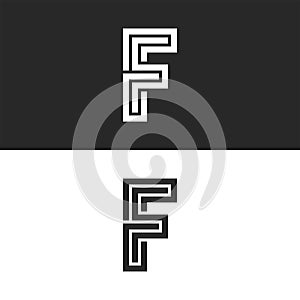 Ornate monogram letter F logo creative art work interweaving black and white lines in the form of a maze