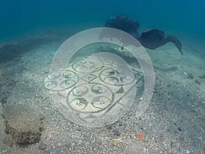 Ornate mosaic in villa protiro. Underwater archeology.