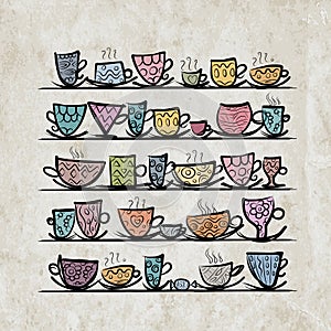 Ornate mugs on shelves, grunge background