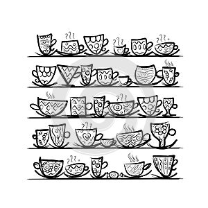 Ornate mugs on shelves, sketch for your design