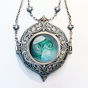 Ornate Necklace With Green Circle - Photorealistic Surrealism Jewelry