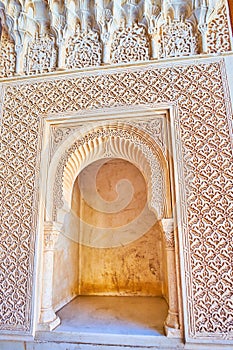 Ornate niche in porch of Abencerrajes Hall, Nasrid Palace, Alhambra, Granada, Spain