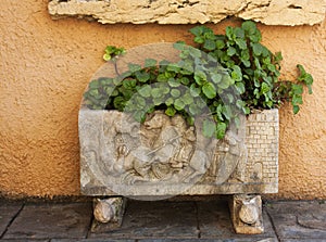 Ornate old font with motifs with planter.