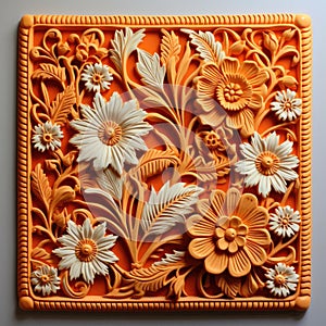 Ornate orange floral plaque with intricate woodcarving design