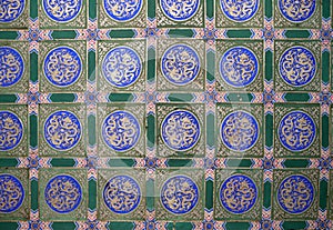 An ornate painted ceiling on a building in the Forbidden City in Beijing
