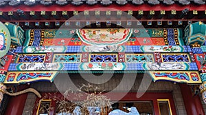 An ornate painted ceiling on a building in the Forbidden City in Beijing