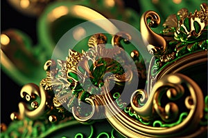 Ornate Pattern and Abstract Flowers and Vines in Gold and Green Iridescent Southern Lights Detailed Background AI Generative