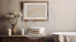 Ornate Photo Frame On Wall: Wooden Bathroom With Towels And Vase