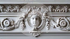 Ornate plasterwork featuring a classical female face and acanthus leaf design