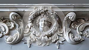 Ornate plasterwork featuring a classical female face and acanthus leaf design photo