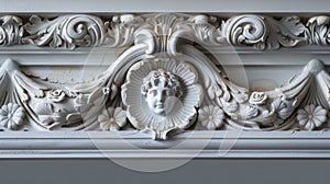 Ornate plasterwork featuring a classical female face and acanthus leaf design photo