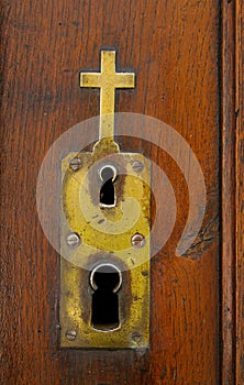 Ornate plate with double keyhole on church door