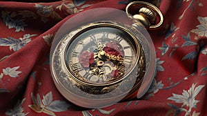 Ornate Gold Pocket Watch with Red Roses on Floral Fabric