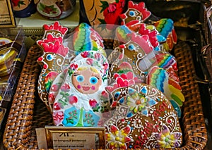 Ornate pryaniki, Russian honey spice cookies on display at famous grocery store Eliseevsky in Saint Petersburg, Russia