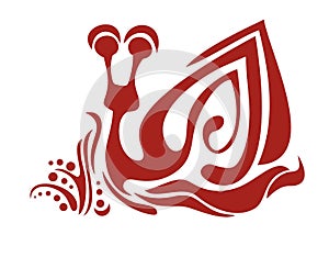 Ornate red snail with a grass