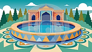 An ornate reflection pool adorned with intricate mosaic tiles inviting individuals to contemplate the complexities of photo