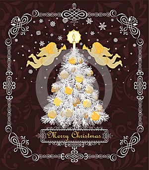 Ornate retro greeting card for winter holidays with paper cut out Christmas tree with cone, candle, gold balls and paper handmade