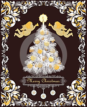 Ornate retro greeting Christmas card with vintage floral vignette for winter holidays with paper cut out Xmas tree with golden con