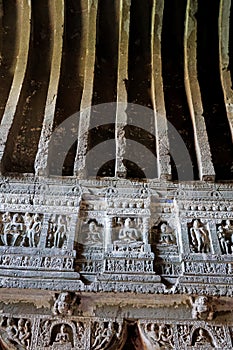 Ornate Sculpted Walls with Buddha Figure and Arched Ceiling, Ajanta Caves, Aurangabad, Maharashtra, India