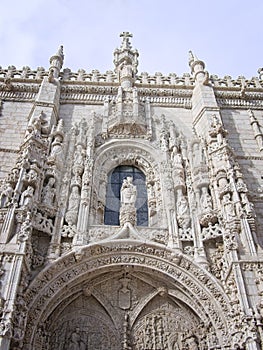 Ornate sculpture decorates the entrance of the St Jerome Monastery in Lisbon, Portugal.