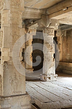 Ornate Sculpture on Musical Pillars, Ranga Mantapa at Vittala Temple. Hampi, near Hospete, Karnataka, India