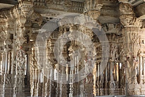 Ornate Sculpture on Musical Pillars, Ranga Mantapa at Vittala Temple. Hampi, near Hospete, Karnataka, India