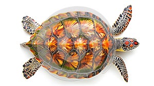 An ornate sea turtle with a striking shell featuring vivid starburst patterns in orange and black, isolated on a white background