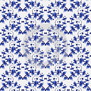 Ornate seamless pattern with small blue leaves and branches on a white background. Seamless pattern in Gzhel style for wallpaper,