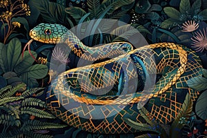 Ornate serpent illustration amidst a dense jungle setting implies mystery and nature
