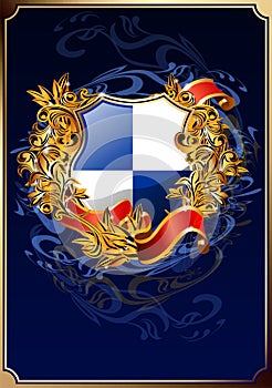 Ornate shield with ribbon.