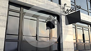 An ornate sign mounted outside a generic unbranded shop facade