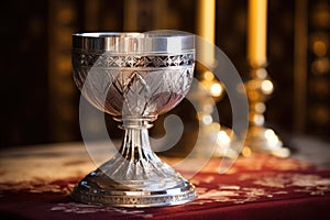 an ornate silver chalice and paten on an altar