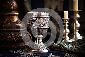 an ornate silver chalice and paten on an altar