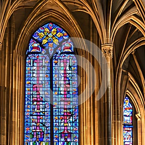 An ornate, stained glass window in a medieval cathedral3, Generative AI