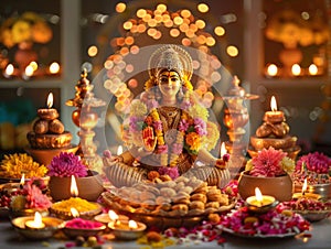 An ornate statue of Goddess Lakshmi adorned with flowers and surrounded by Diwali lamps, pink lotus, symbolizing prosperity and