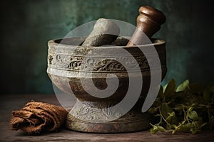 An ornate stone mortar and pestle, grinding fresh herbs and roots into a healing salve or powder. Render the timeless, meticulous