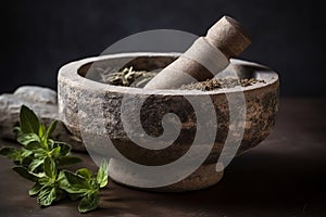 An ornate stone mortar and pestle, grinding fresh herbs and roots into a healing salve or powder. Render the timeless, meticulous